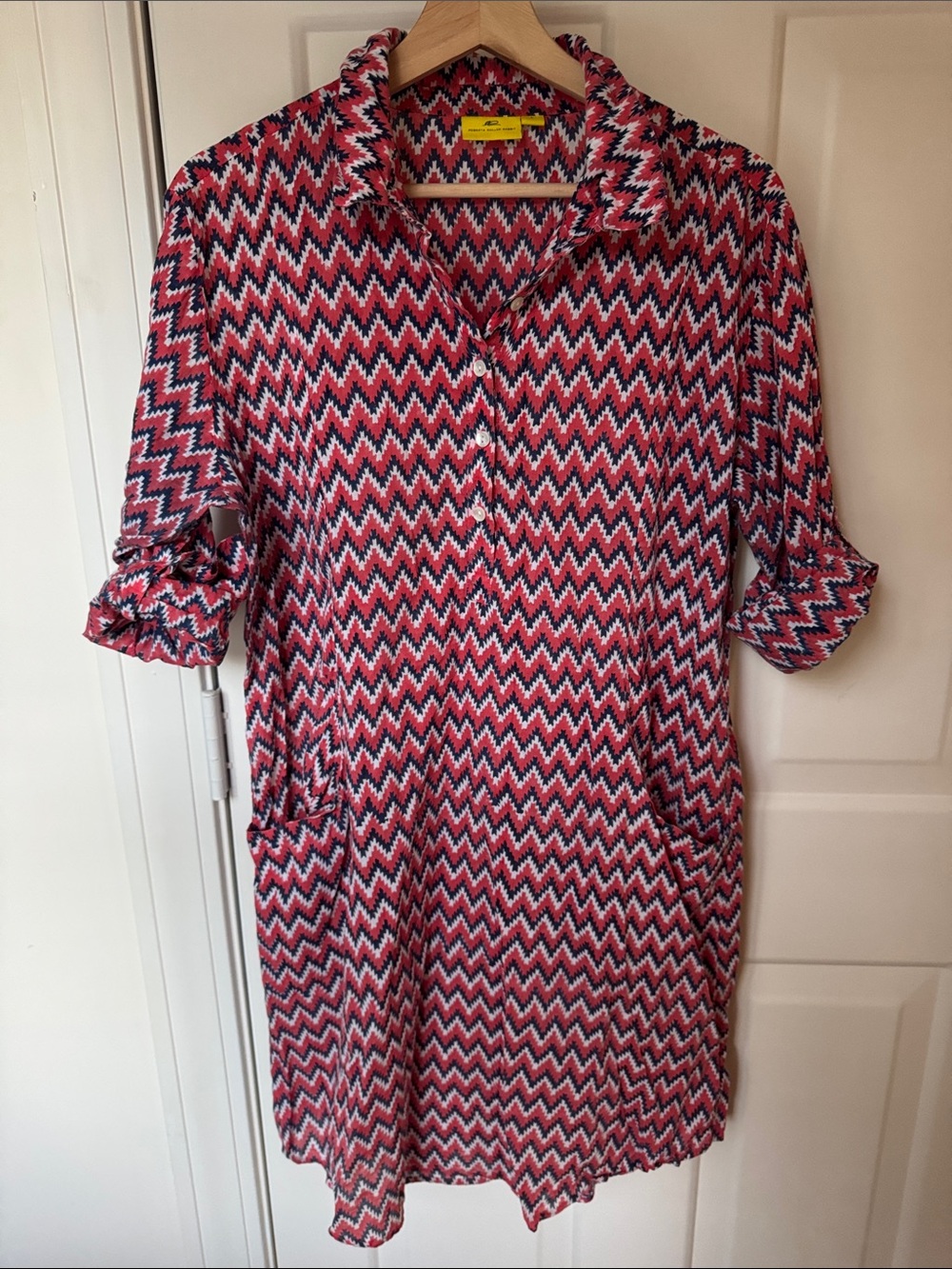 Roberta Roller Rabit Zigzag Print Button-Front Tunic Dress in Red, Navy & White